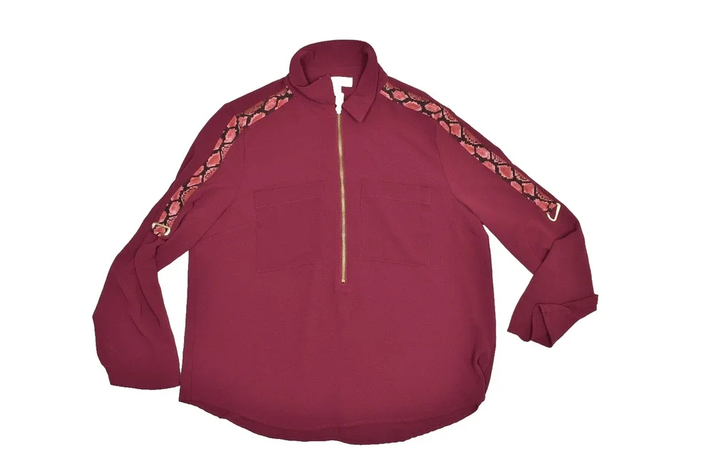Michael Kors Women's Red Snakeskin Half-Zip Roll-Tab Blouse Size XL